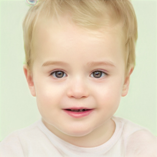 Joyful white child female with short  blond hair and brown eyes