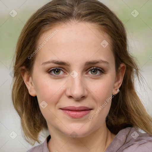 Joyful white young-adult female with medium  brown hair and blue eyes