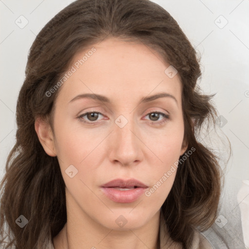 Neutral white young-adult female with medium  brown hair and brown eyes