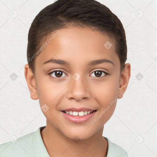 Joyful white child female with short  brown hair and brown eyes