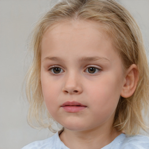 Neutral white child female with medium  brown hair and blue eyes