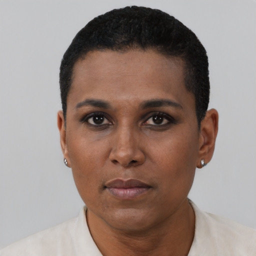 Neutral black young-adult female with short  black hair and brown eyes