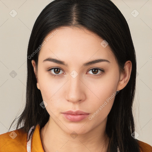 Neutral asian young-adult female with long  brown hair and brown eyes