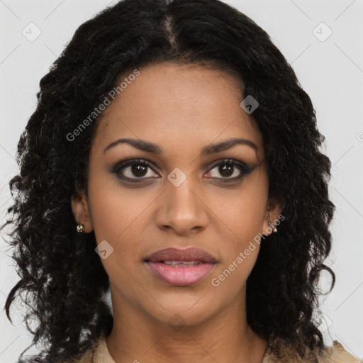 Joyful black young-adult female with long  brown hair and brown eyes