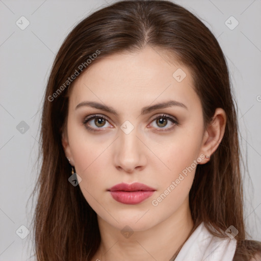 Neutral white young-adult female with medium  brown hair and brown eyes