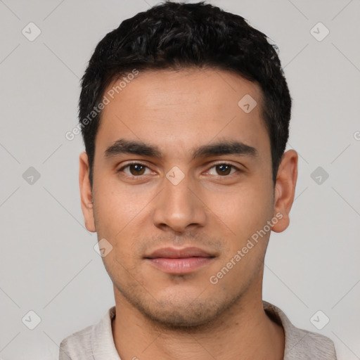 Neutral latino young-adult male with short  black hair and brown eyes