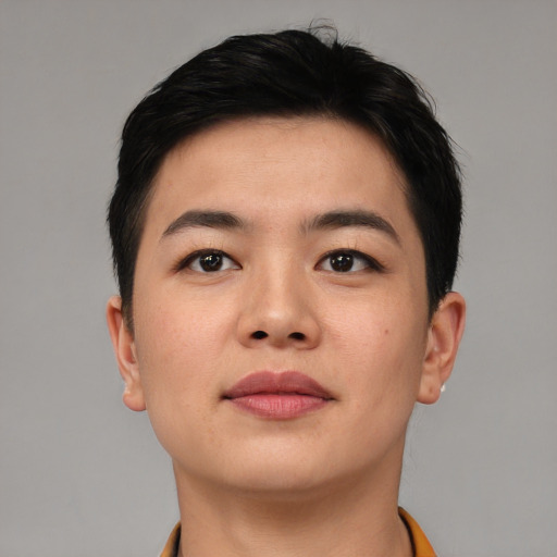 Neutral asian young-adult female with short  black hair and brown eyes