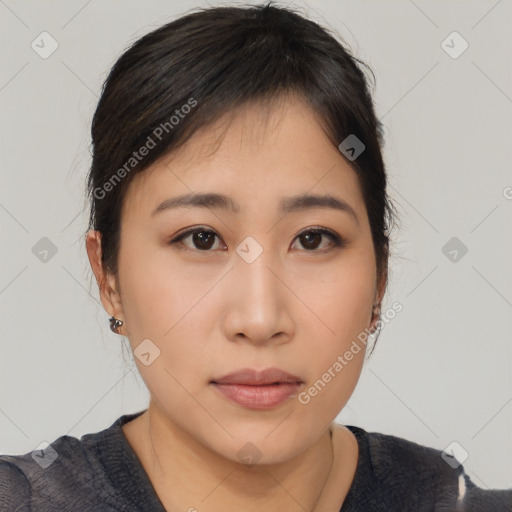 Neutral asian young-adult female with medium  brown hair and brown eyes