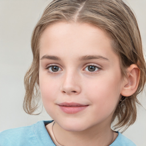 Joyful white child female with medium  brown hair and blue eyes