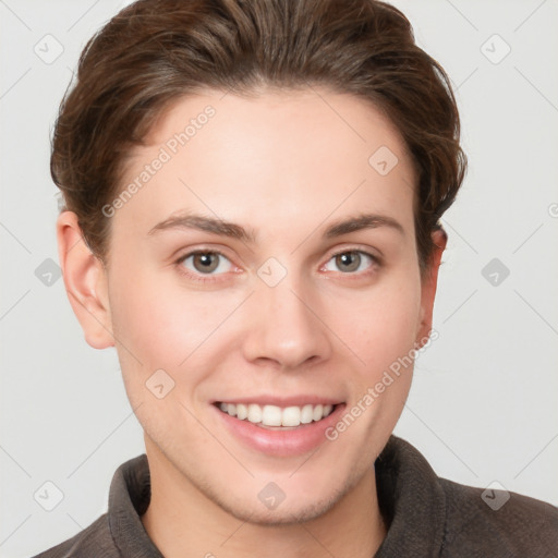 Joyful white young-adult female with short  brown hair and grey eyes