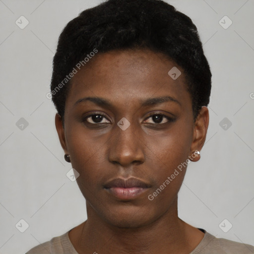 Neutral black young-adult female with short  black hair and brown eyes