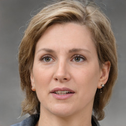 Joyful white adult female with medium  brown hair and grey eyes