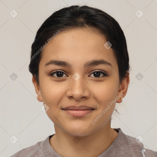 Joyful latino young-adult female with short  black hair and brown eyes