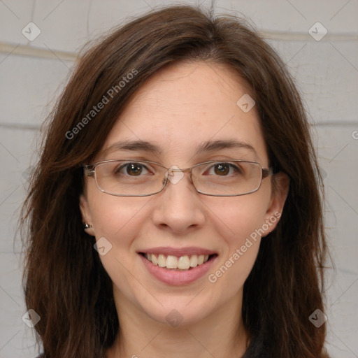 Joyful white adult female with long  brown hair and brown eyes