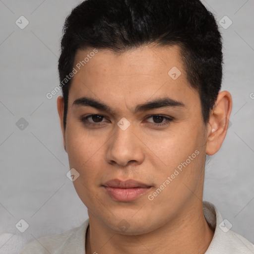 Neutral latino young-adult male with short  brown hair and brown eyes