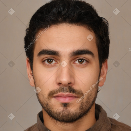 Neutral latino young-adult male with short  black hair and brown eyes