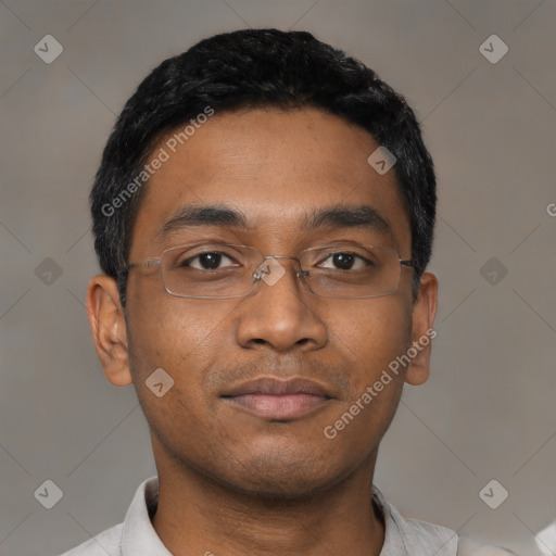Neutral black young-adult male with short  black hair and brown eyes