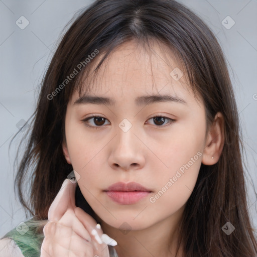 Neutral white young-adult female with medium  brown hair and brown eyes