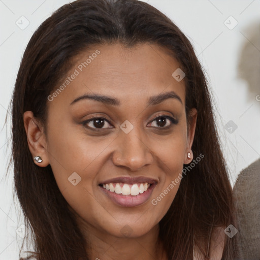 Joyful white young-adult female with long  brown hair and brown eyes