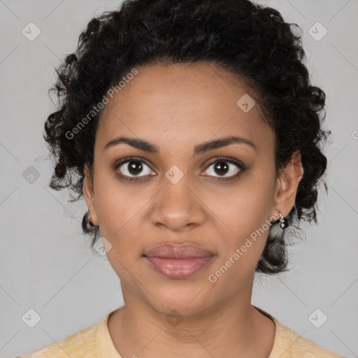 Joyful black young-adult female with medium  black hair and brown eyes