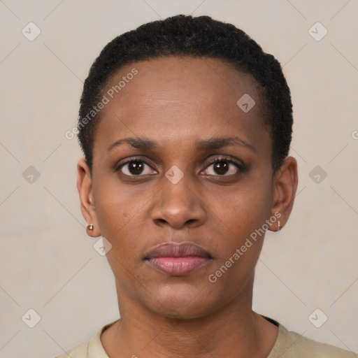 Neutral black young-adult female with short  black hair and brown eyes