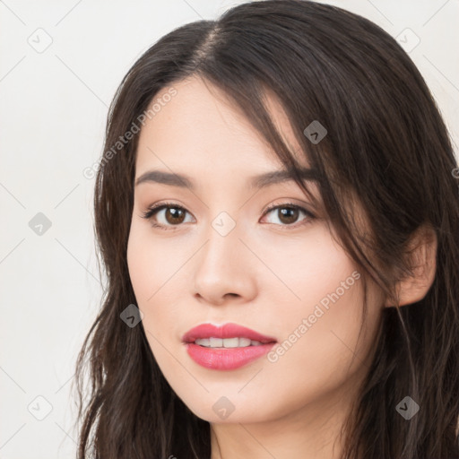 Neutral white young-adult female with long  brown hair and brown eyes