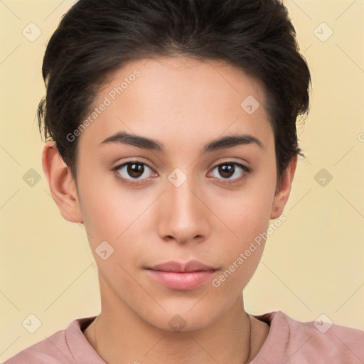 Neutral white young-adult female with short  brown hair and brown eyes