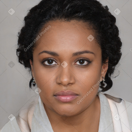 Neutral black young-adult female with medium  brown hair and brown eyes