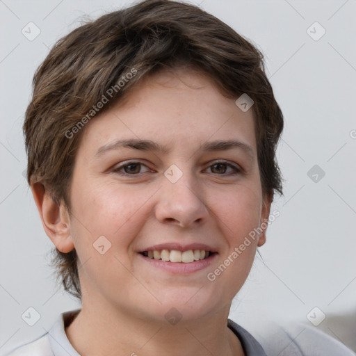 Joyful white young-adult female with short  brown hair and grey eyes