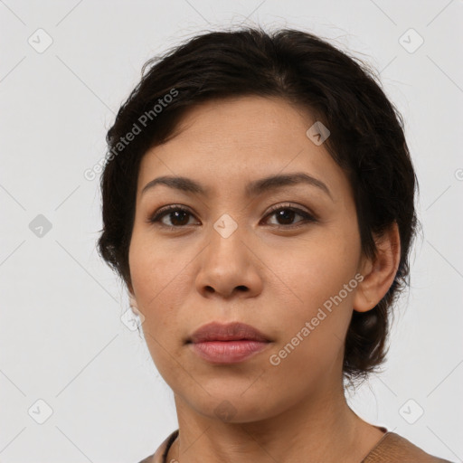 Neutral asian young-adult female with medium  brown hair and brown eyes