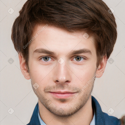 Neutral white young-adult male with short  brown hair and grey eyes