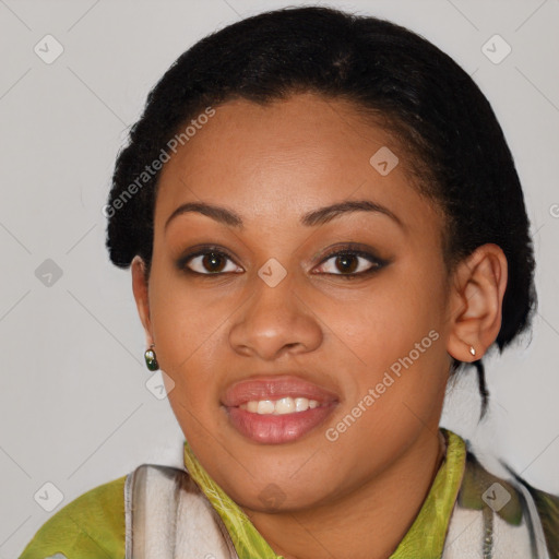 Joyful latino young-adult female with short  black hair and brown eyes