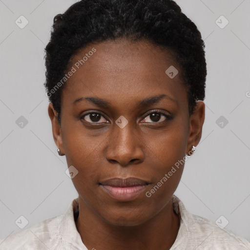 Neutral black young-adult female with short  black hair and brown eyes