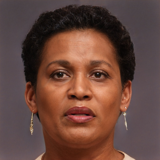 Neutral black adult female with short  brown hair and brown eyes