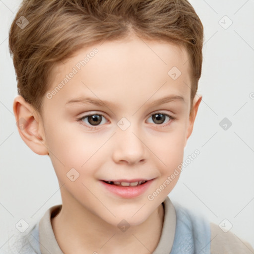 Joyful white child female with short  brown hair and brown eyes