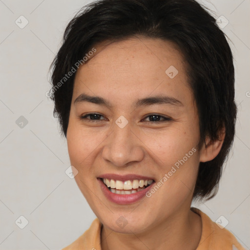 Joyful white young-adult female with medium  brown hair and brown eyes