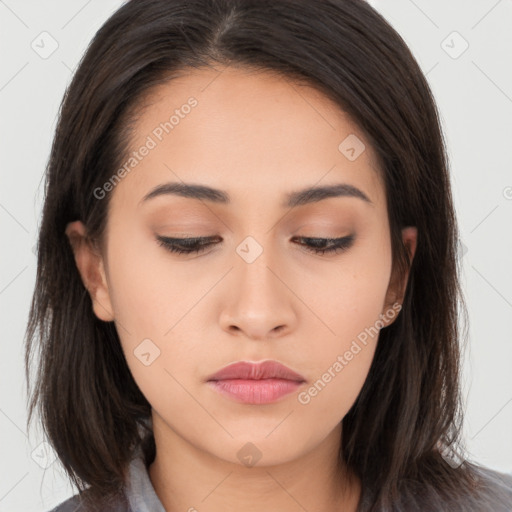 Neutral asian young-adult female with long  brown hair and brown eyes