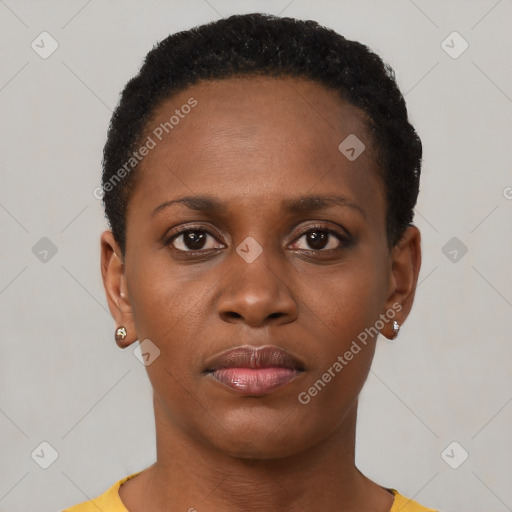 Neutral black young-adult female with short  brown hair and brown eyes