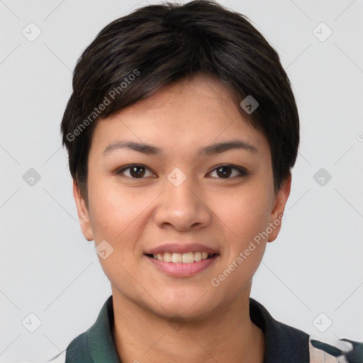 Joyful asian young-adult female with short  brown hair and brown eyes