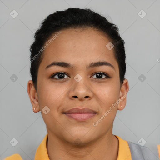 Joyful asian young-adult female with short  brown hair and brown eyes