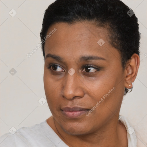 Neutral black young-adult female with short  brown hair and brown eyes