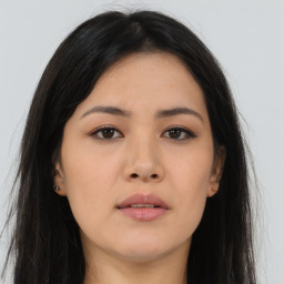 Neutral asian young-adult female with long  brown hair and brown eyes