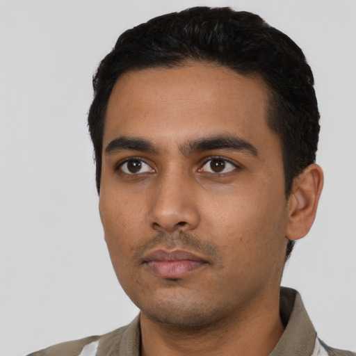 Neutral latino young-adult male with short  black hair and brown eyes