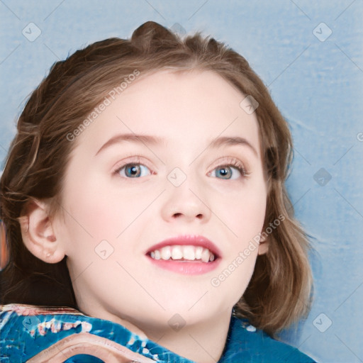 Neutral white child female with medium  brown hair and blue eyes