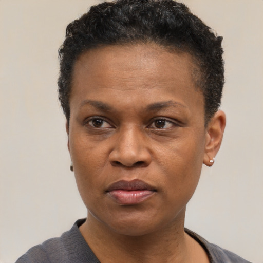 Joyful black adult female with short  black hair and brown eyes