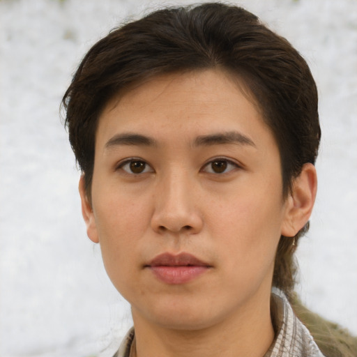 Neutral asian young-adult female with short  brown hair and brown eyes