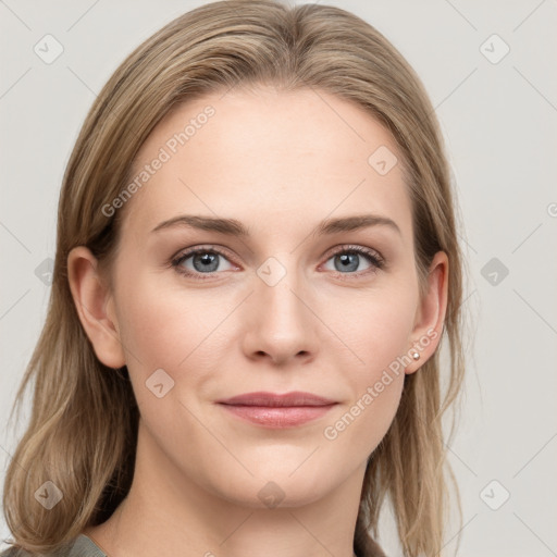 Joyful white young-adult female with medium  brown hair and blue eyes