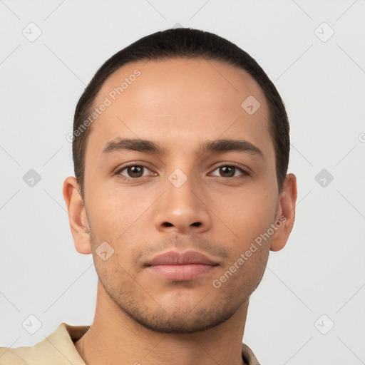 Neutral latino young-adult male with short  black hair and brown eyes