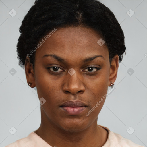 Neutral black young-adult female with short  black hair and brown eyes