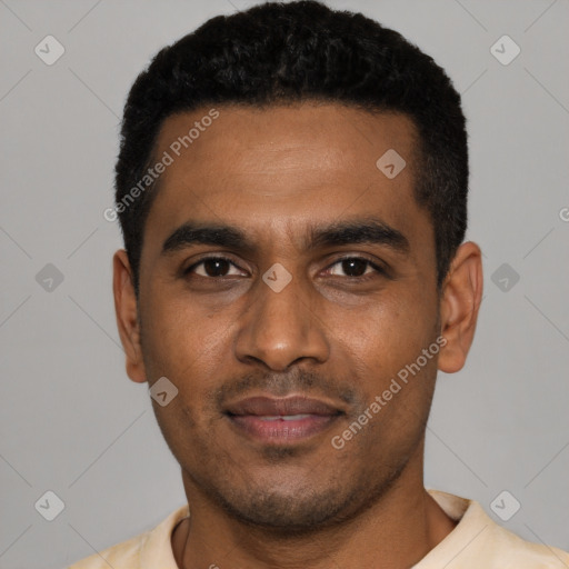 Joyful black young-adult male with short  black hair and brown eyes